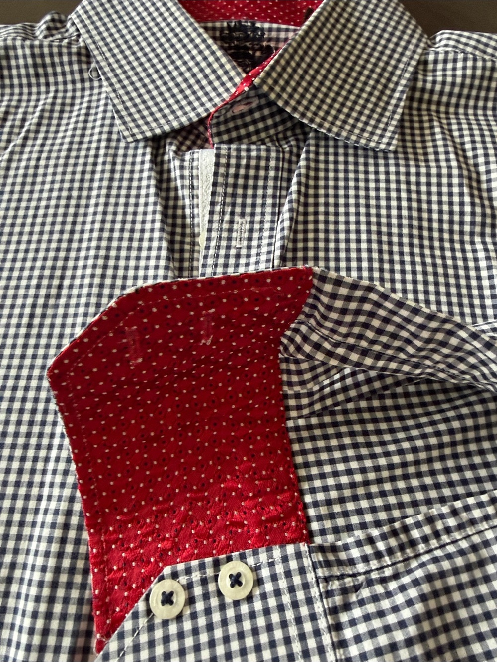 English Laundry Navy and White Gingham Button-Down Shirt with Embroidered Crest
